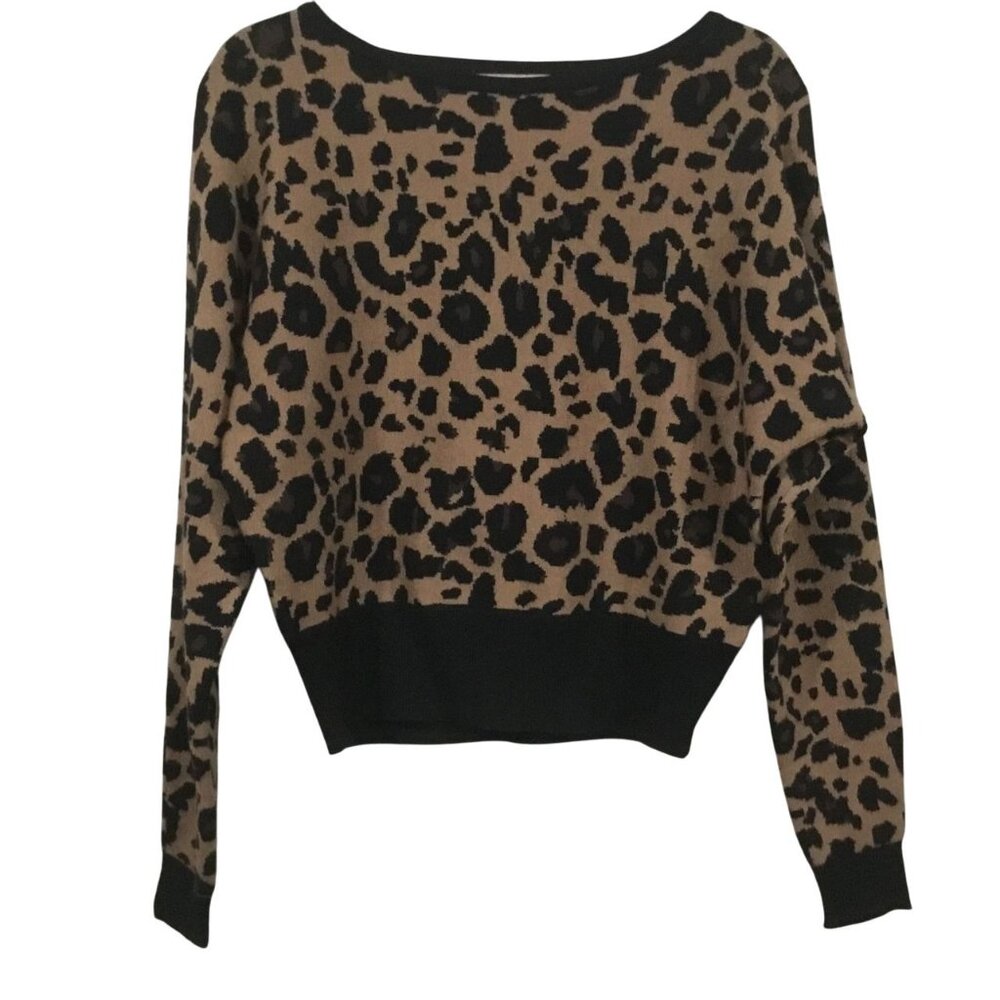 Philosophy Brown Black Animal Cheetah Print Boat Neck Cropped Length Sweater Sm.